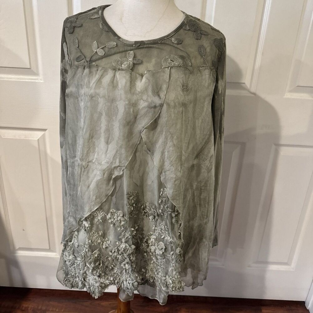 Womens XL Green Floral Embroidered Lace Tunic Fairycore Lagenlook Boho Feratelli